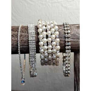 Lot of Four Vintage Pearl Rhinestone Silver Tone Bracelets